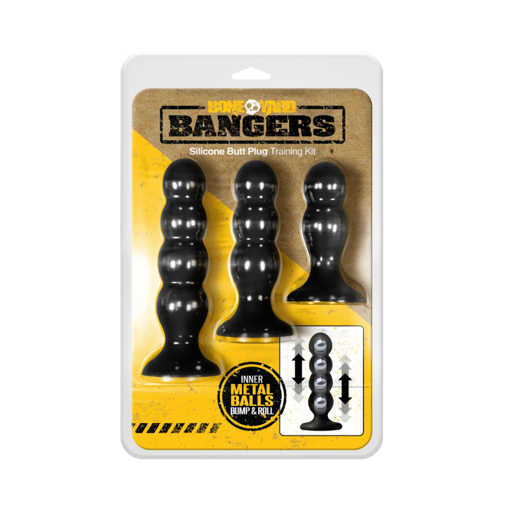 Three black silicone butt plugs with ribbed textures in a package.