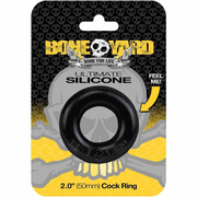 Black silicone cock ring with Boneyard branding.