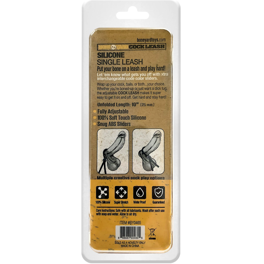Adjustable silicone cock leash with two illustrations of its use.