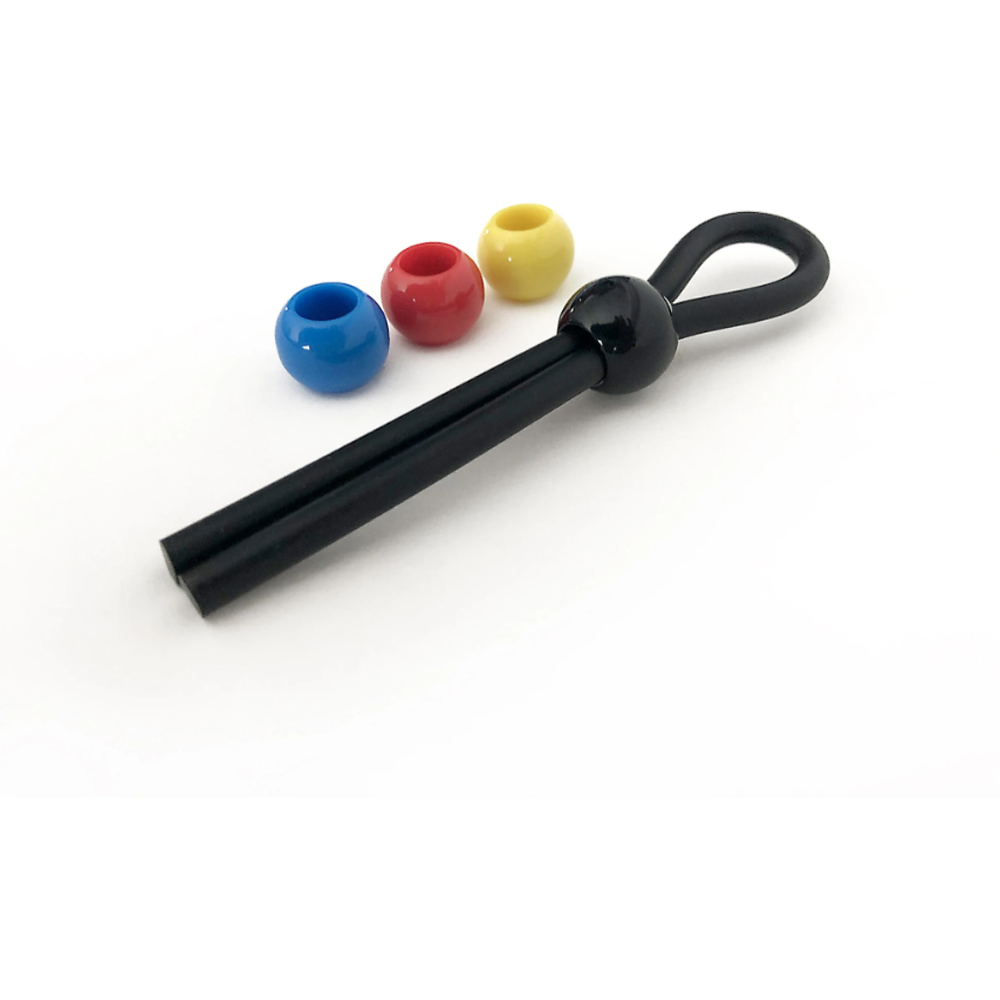 Adjustable silicone cock ring leash with blue, red, and yellow beads.