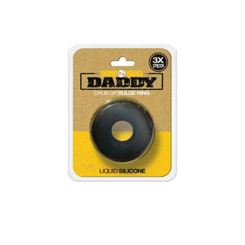 A black silicone bulge cock ring in packaging that reads "DADDY CHUB UP BULGE RING".