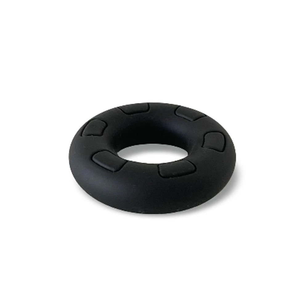 Black silicone cock ring with textured indentations.