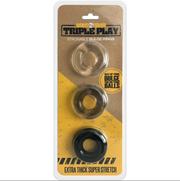Triple Play stackable bulge rings in clear, smoke, and black.