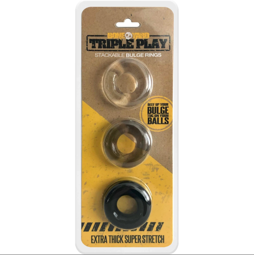 Triple Play stackable bulge rings in clear, smoke, and black.