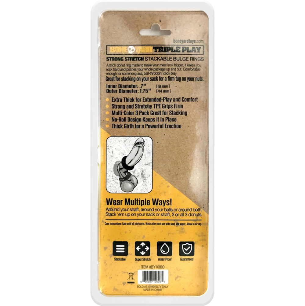 A three-pack of stretchy TPE cock rings in black, clear, and smoke colors.