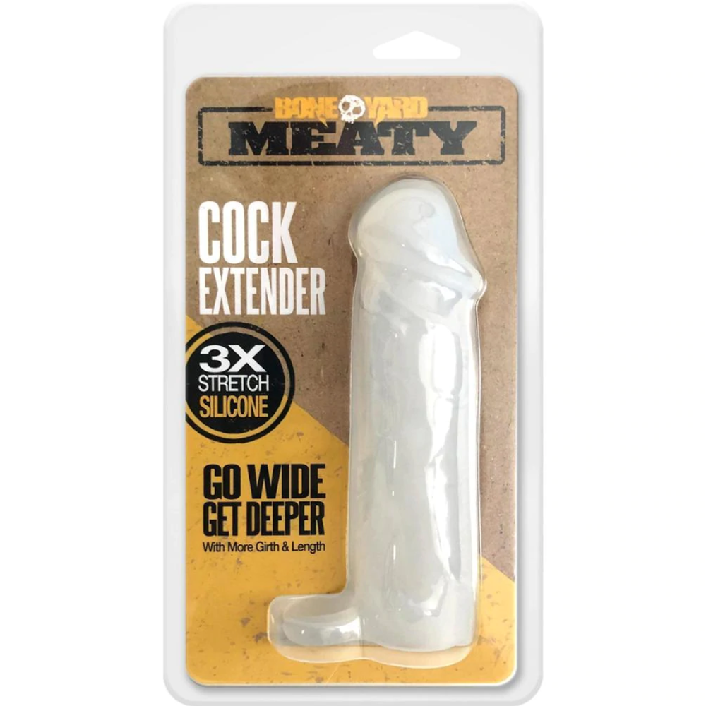 A white silicone penis extender with "Boneyard Meaty" branding.