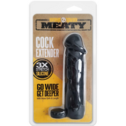 Black silicone cock extender with "Meaty" branding and a cock ring.