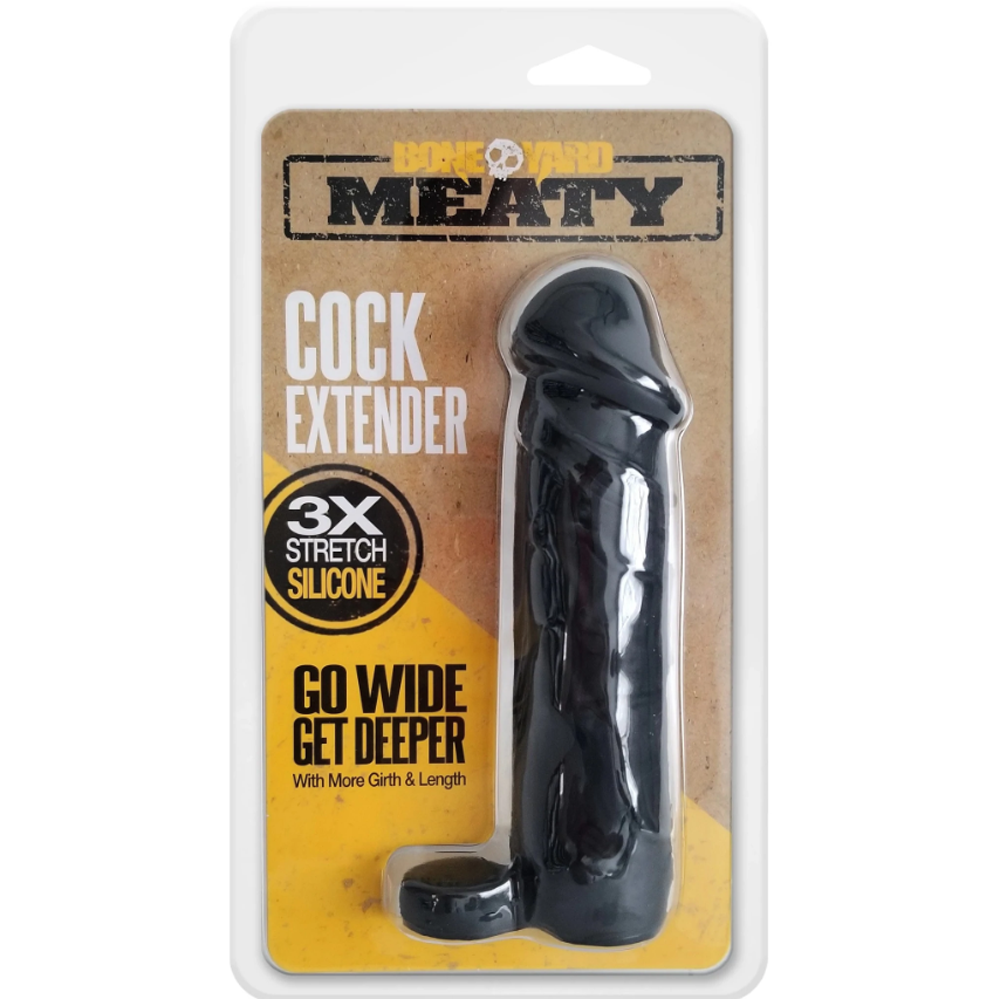 Black silicone cock extender with "Meaty" branding and a cock ring.