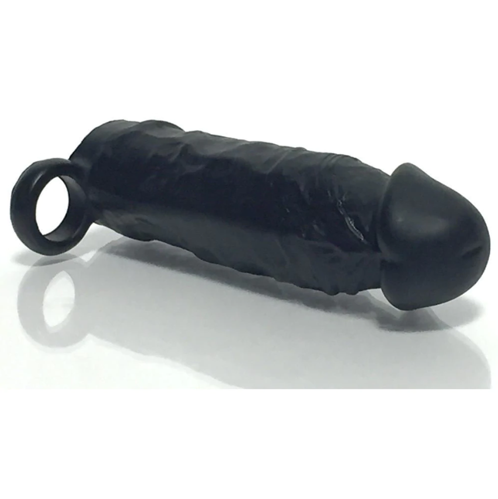 Black silicone penis extender with integrated cock ring.