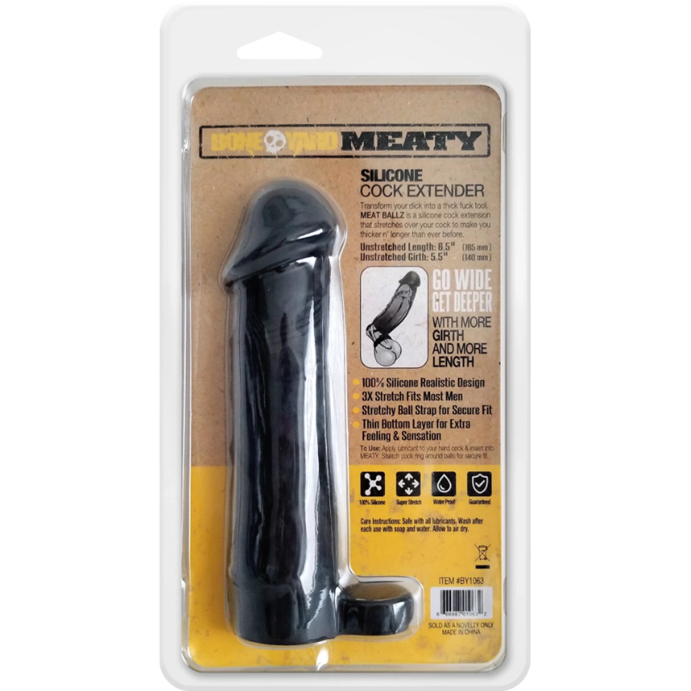 Black silicone penis extender with integrated cock ring.