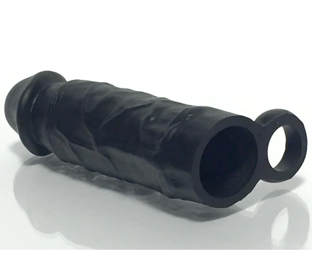 Black textured silicone penis extender with integrated cock ring.