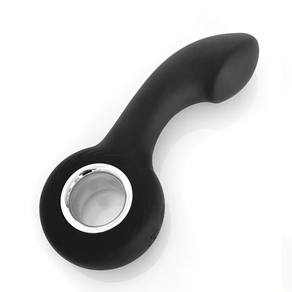 Black curved silicone vibrator with a silver ring around a circular opening.