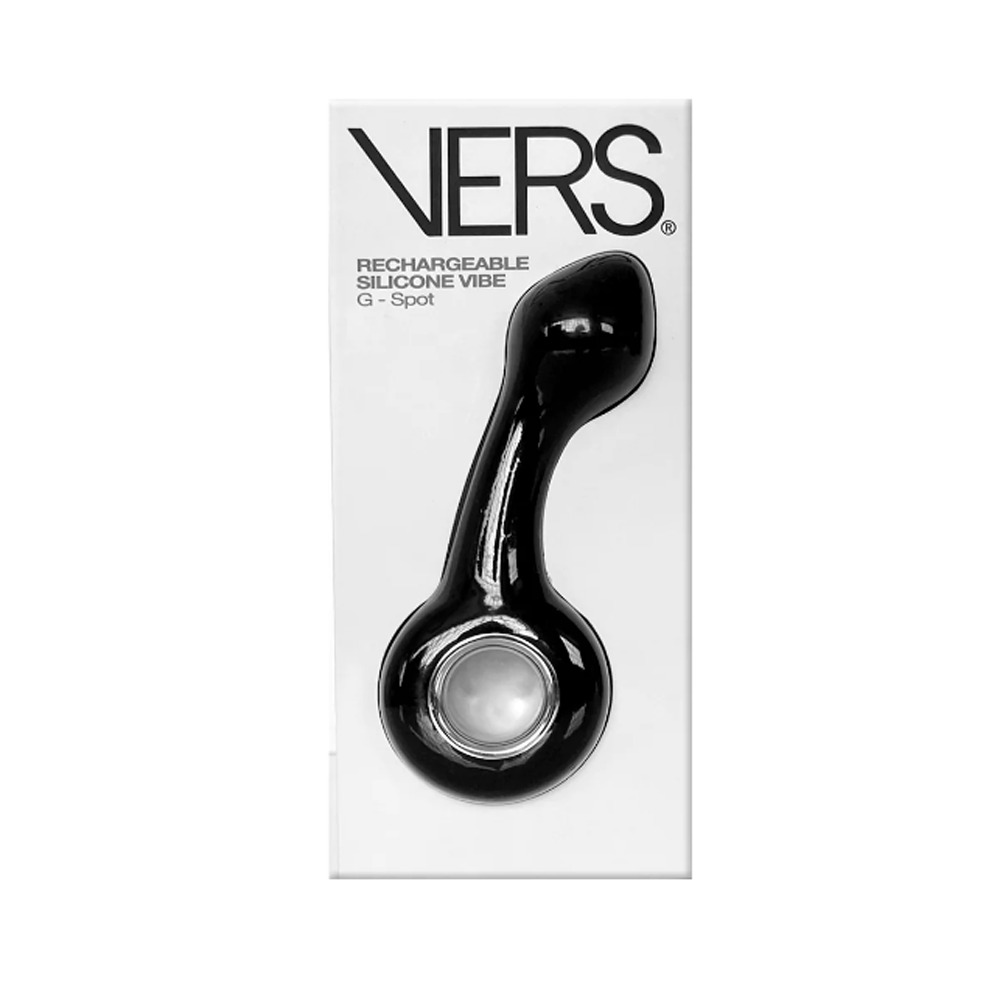 Black silicone G-spot vibrator with a curved neck and round head.
