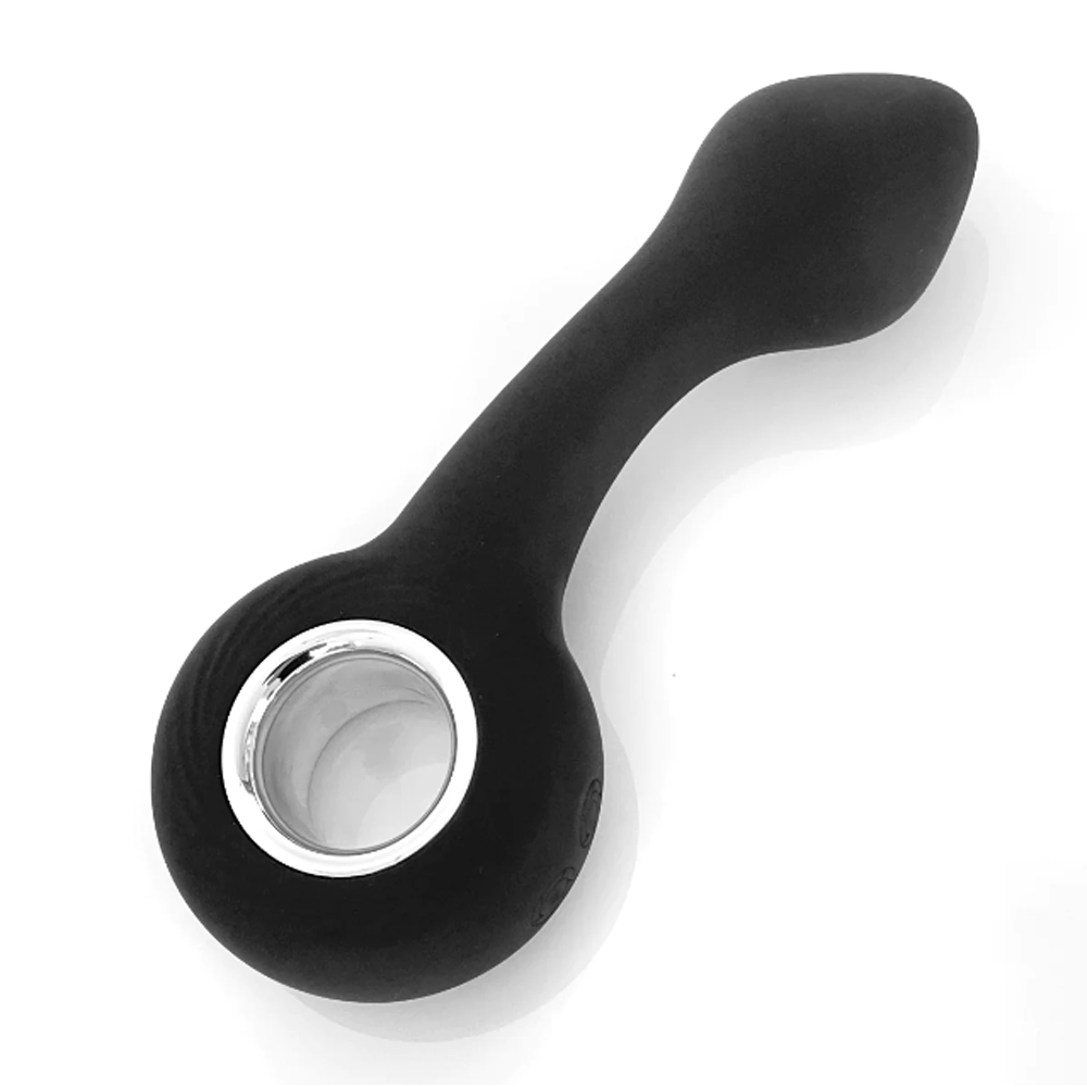 Black silicone G-spot vibrator with a silver ring around the opening.