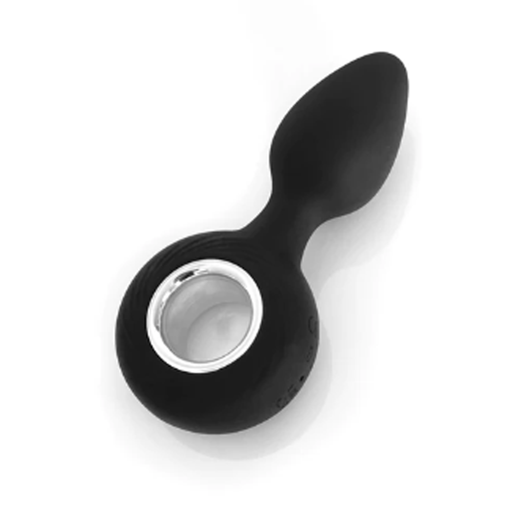 Black rechargeable silicone vibrating anal plug with a silver ring.