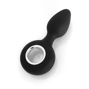 Black rechargeable silicone vibrating anal plug with a silver ring.