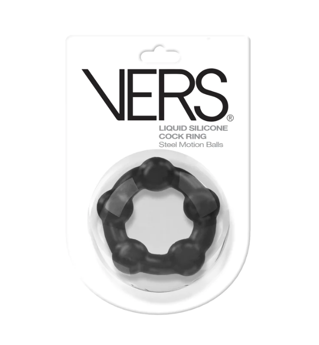 Black liquid silicone cock ring with steel motion balls in packaging.
