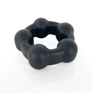 Black liquid silicone cock ring with five steel balls.