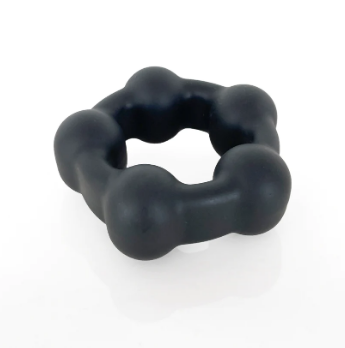 Black liquid silicone cock ring with five steel balls.