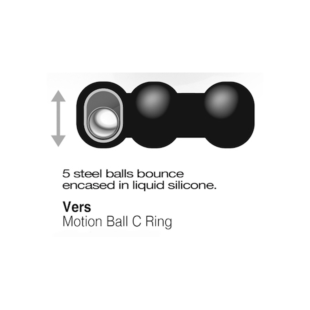A black silicone ring with five steel balls, labeled Vers Motion Ball C Ring.