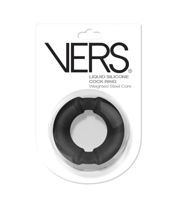 Black liquid silicone cock ring with weighted steel core in packaging.