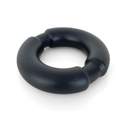 Black weighted steel liquid silicone cock ring.