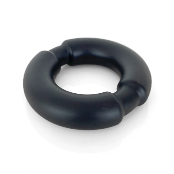 Black weighted steel liquid silicone cock ring.