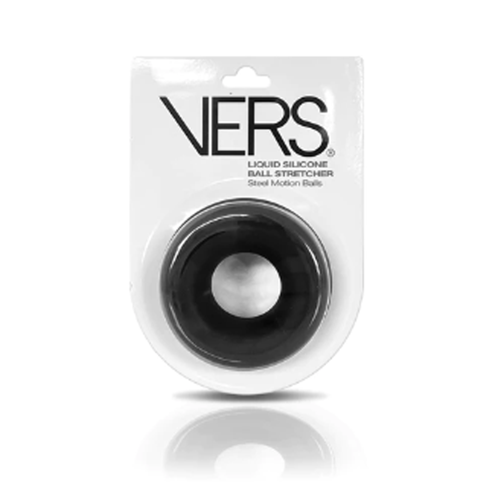 Black silicone ball stretcher with steel motion beads in packaging.
