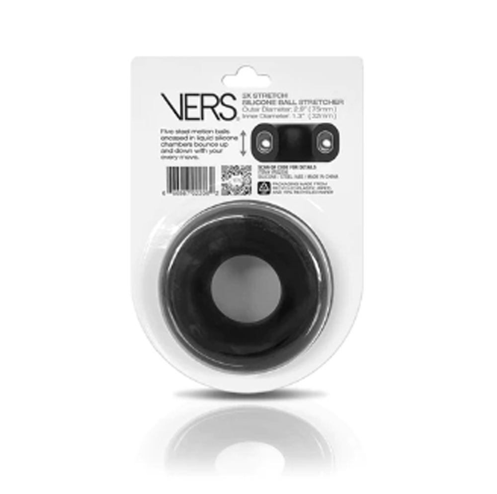 Black silicone ball stretcher with steel motion beads in packaging.