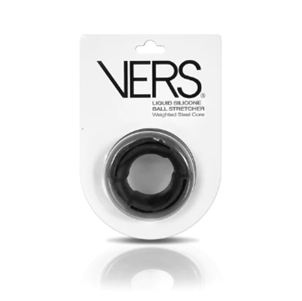 Black liquid silicone ball stretcher with a weighted steel core by VERS.