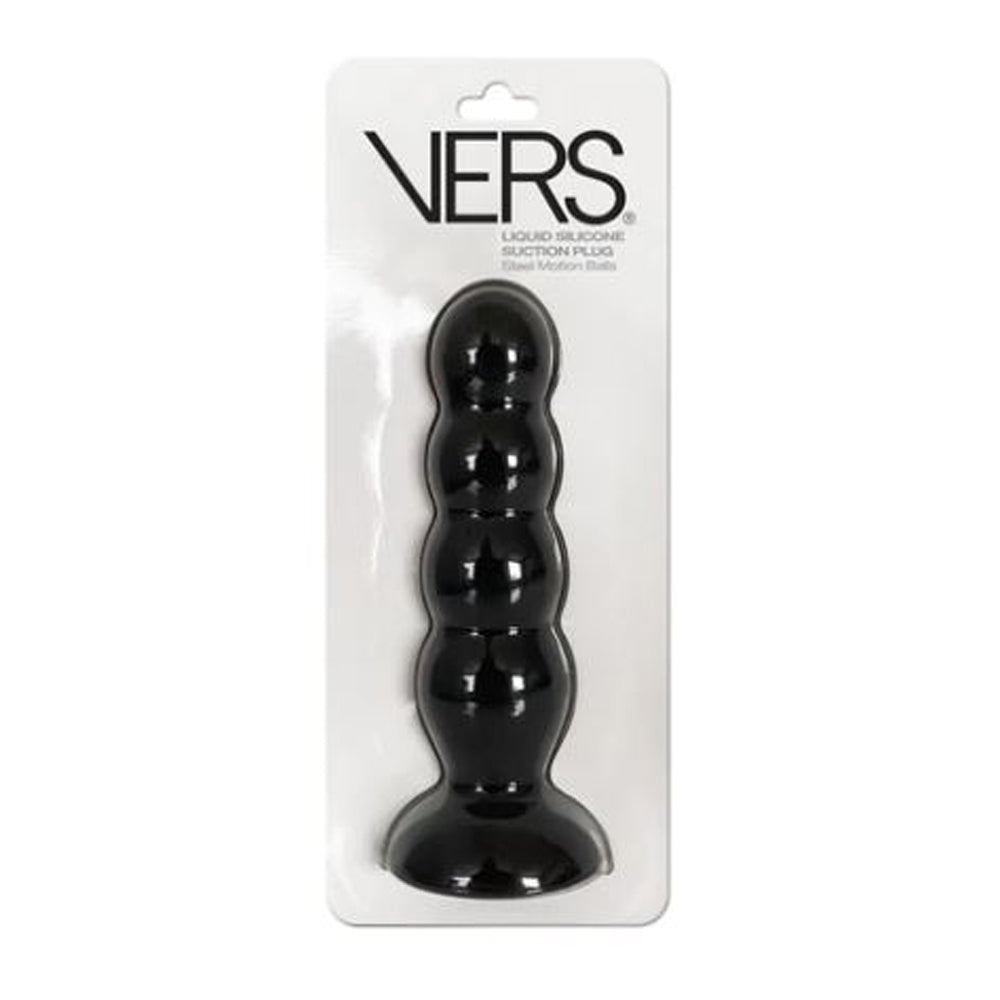 Black liquid silicone anal plug with weighted motion balls and suction base.
