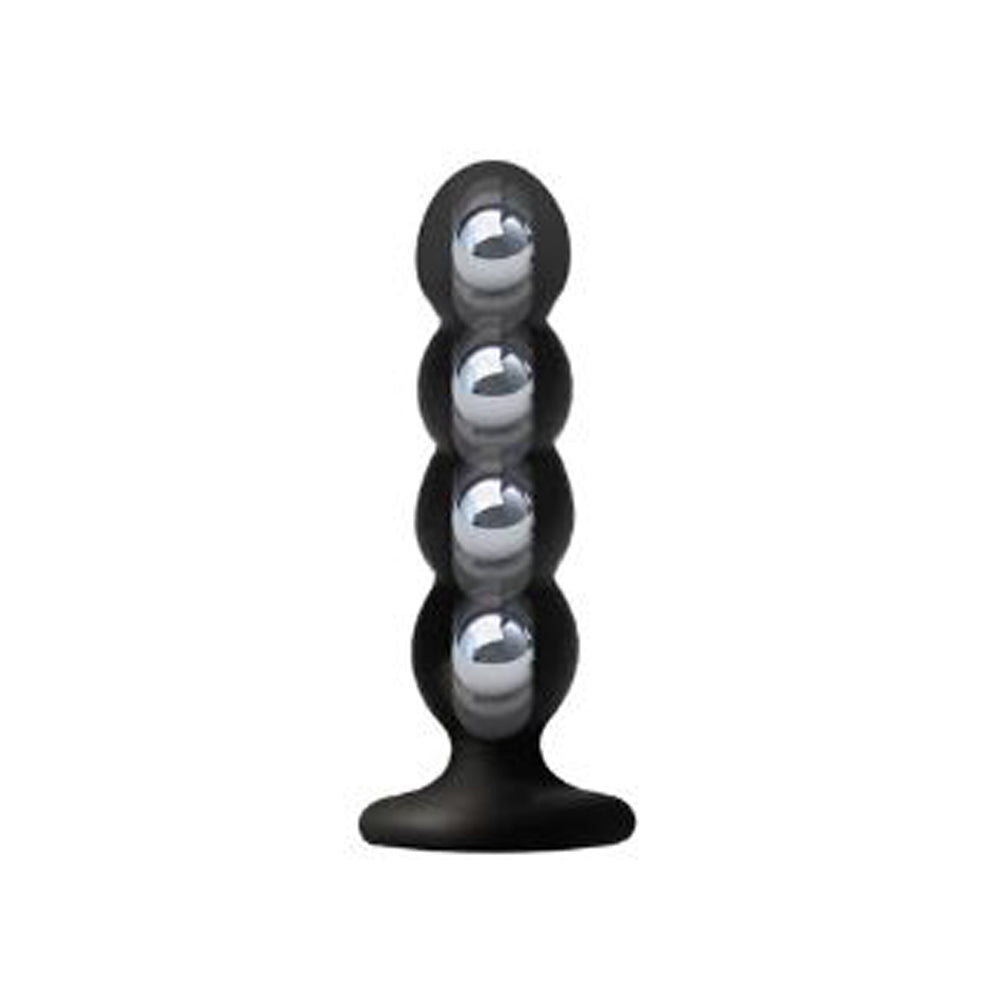 Black anal plug with four silver balls and a suction base.