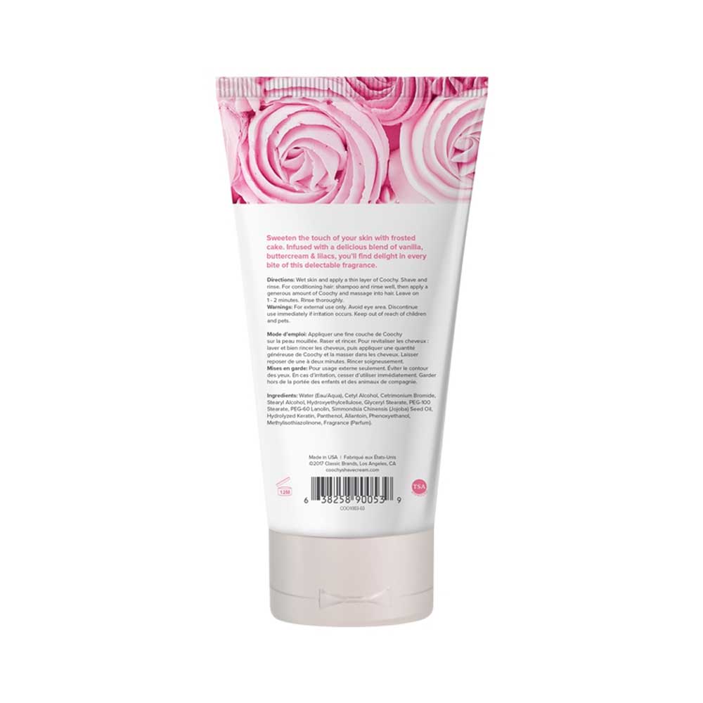 A tube of Coochy Frosted Cake Moisturizing Shave Cream with floral accents.