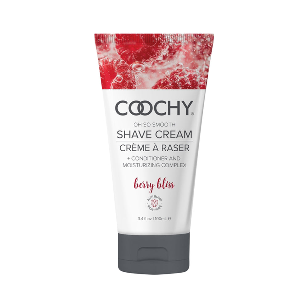 Coochy Berry Bliss shave cream with raspberries on the packaging.