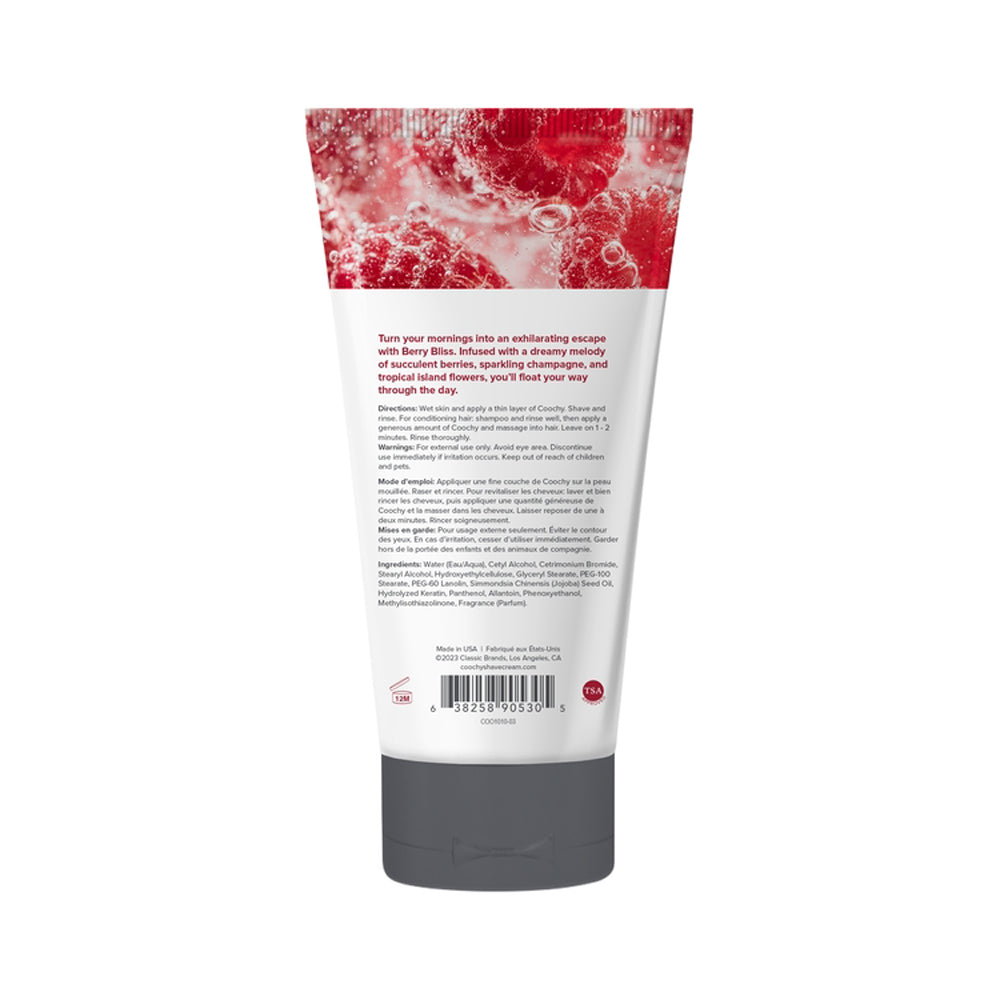 Coochy Berry Bliss moisturizing shave cream with raspberry imagery.