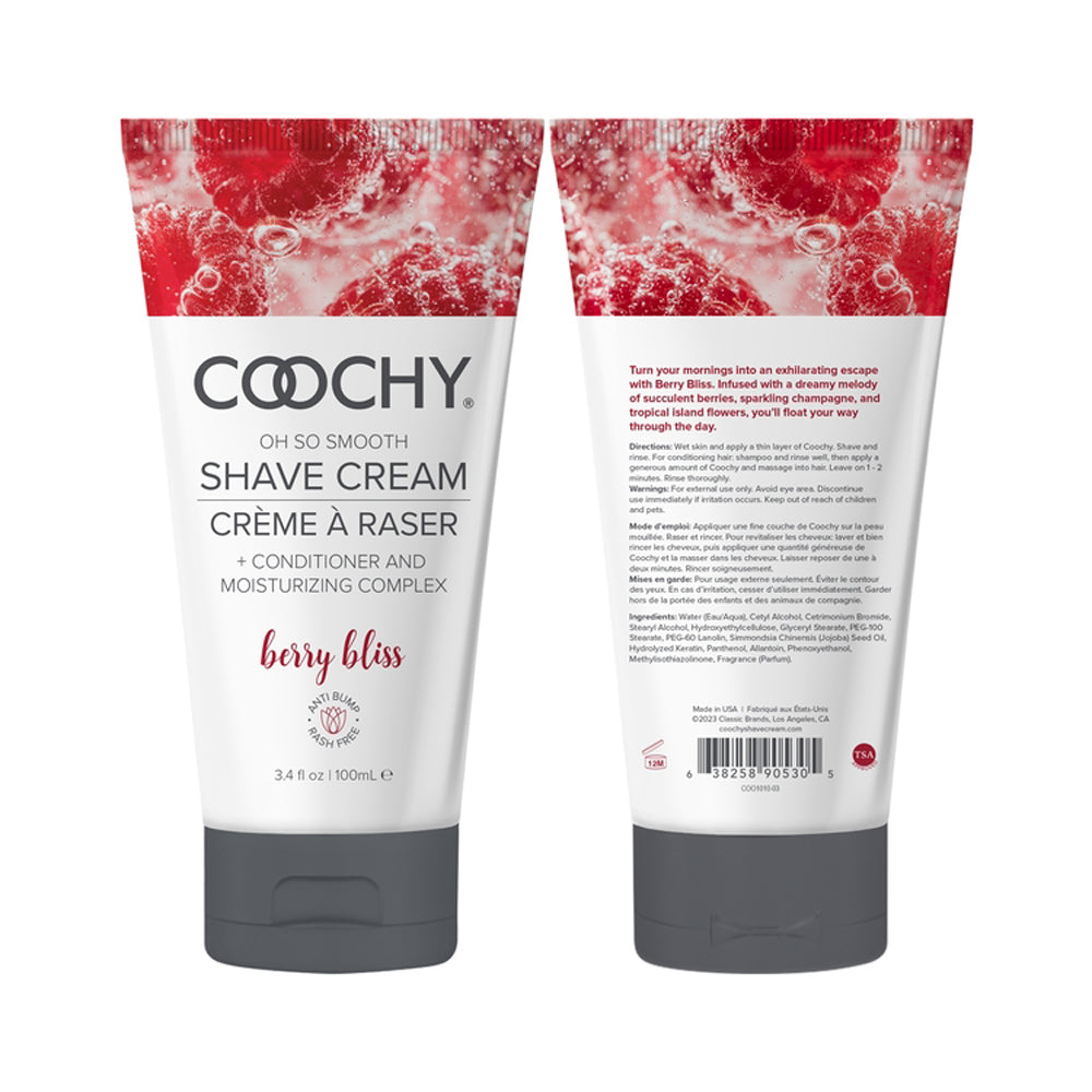 Coochy Berry Bliss shave cream with conditioner and moisturizing complex.