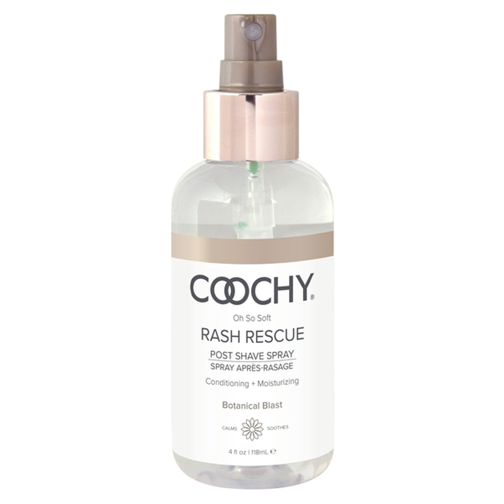 A clear bottle of Coochy Rash Rescue Post Shave Spray with a rose gold cap.