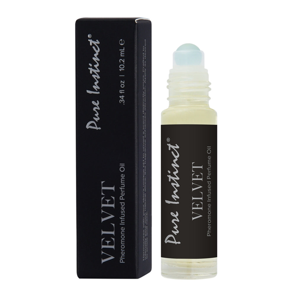 Pure Instinct Velvet Pheromone Infused Perfume Oil roll-on bottle and box.