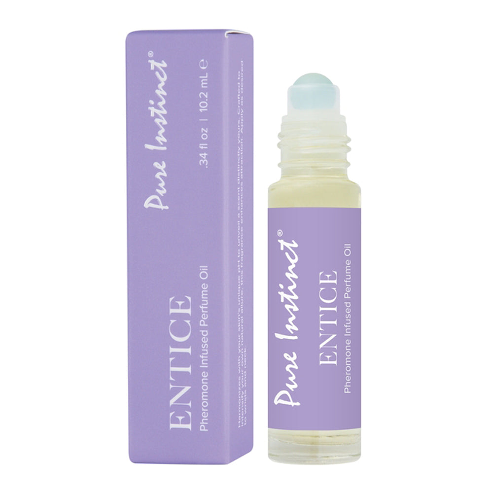 Pure Instinct Entice Pheromone Infused Perfume Oil roll-on bottle and box.