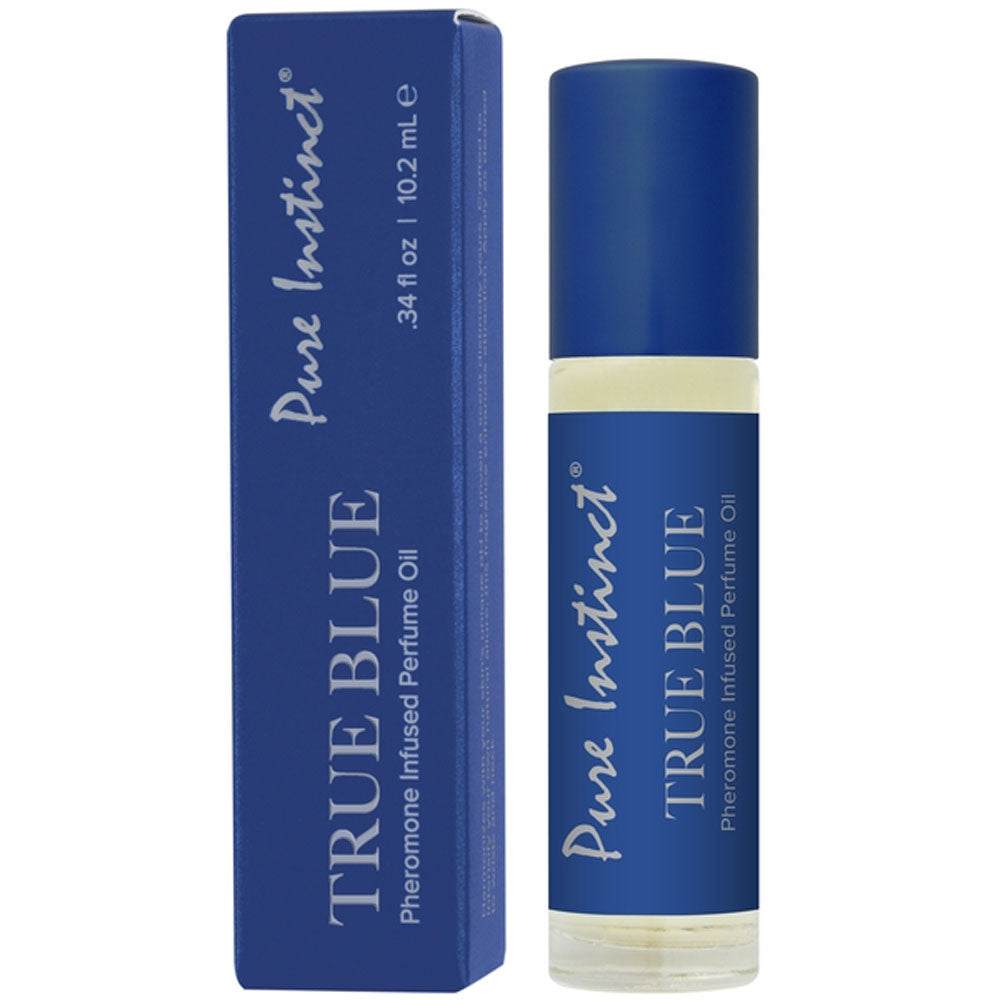 A blue box and roll-on bottle of Pure Instinct True Blue Pheromone Infused Perfume Oil.