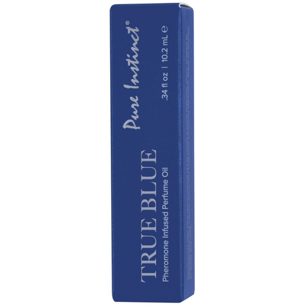 A blue box for True Blue Pheromone Infused Perfume Oil.