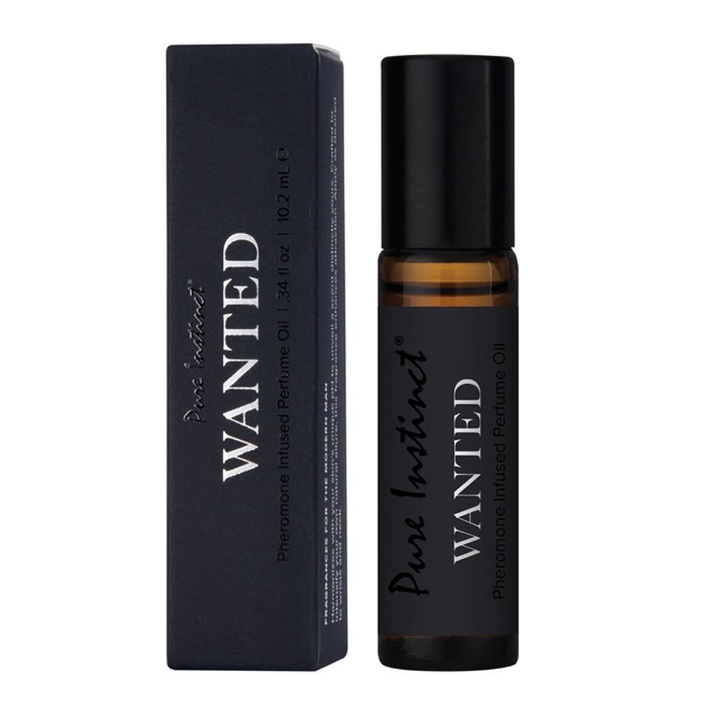 Pure Instinct Wanted Men's Pheromone Infused Perfume Oil roll-on and box.