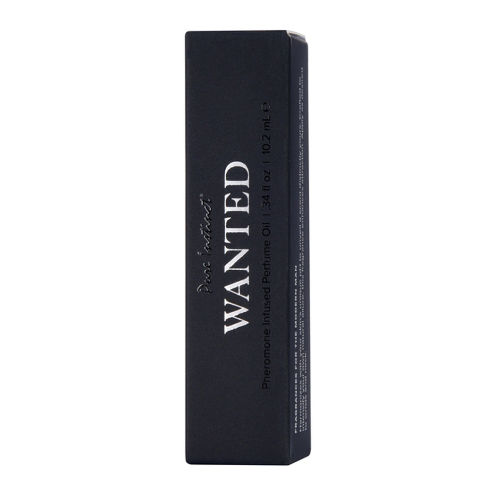 Black box packaging for Wanted Pheromone Infused Perfume Oil for men.
