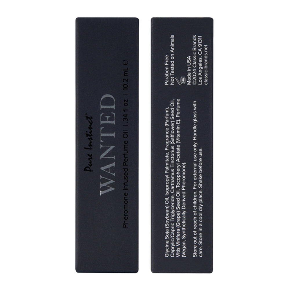 A black box with "Pure Instinct Wanted" and ingredient list.