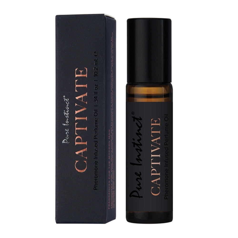 Pure Instinct Captivate Pheromone Infused Perfume Oil for men in a 10ml roller bottle.