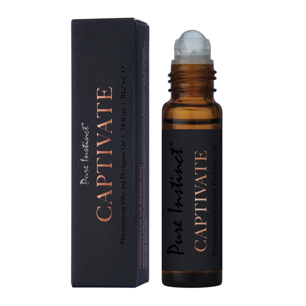 Pure Instinct Captivate pheromone infused perfume oil in a rollerball bottle.