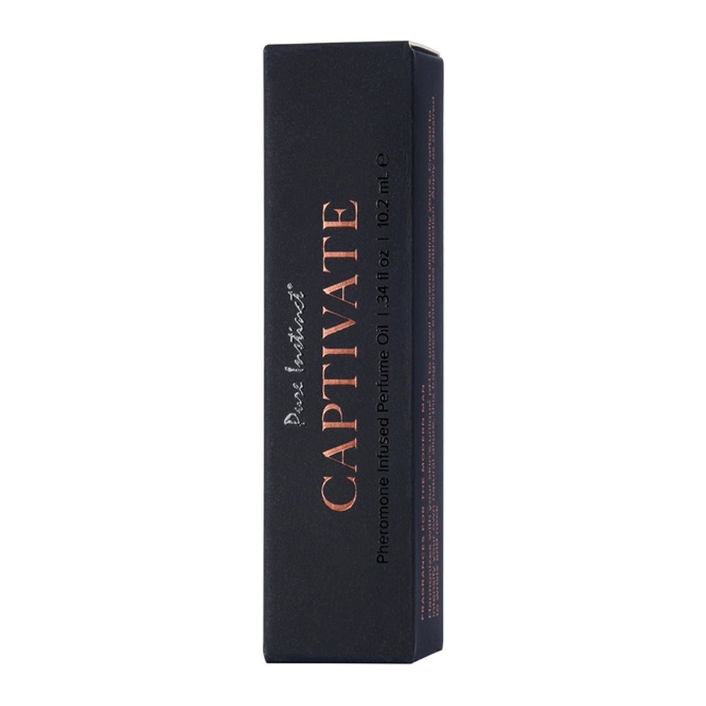 A black box of Pure Instinct Captivate Pheromone Infused Perfume Oil for Men.