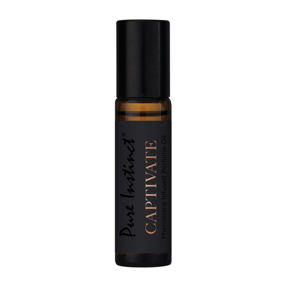 Pure Instinct Captivate pheromone infused perfume oil in a rollerball bottle.