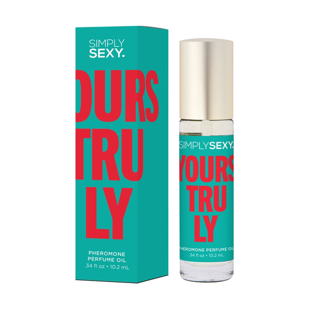 Simply Sexy Yours Truly pheromone perfume oil roll-on and box.