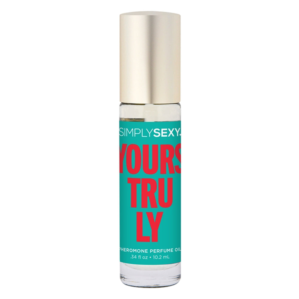 A Simply Sexy Yours Truly Pheromone Perfume Oil roll-on with a gold cap.